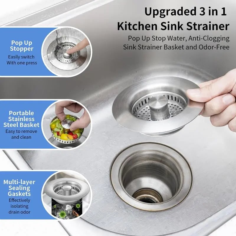 ⏰ Final 3 Hours Sale – DivGlow™ 🏆 Upgraded 3 in 1 Kitchen Sink Drain Strainer 🔥 Buy More Save More!